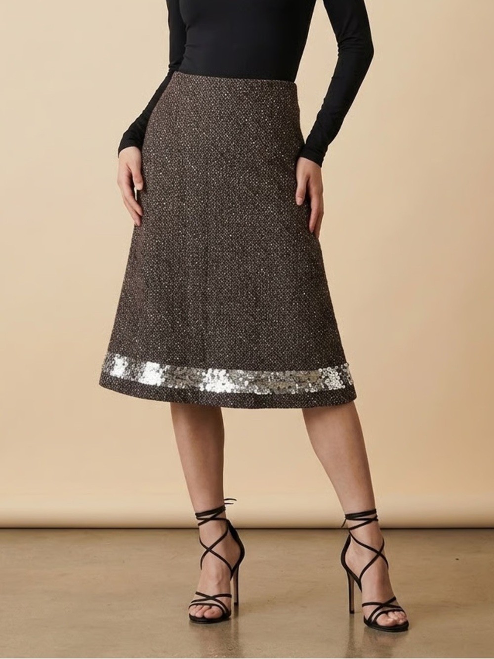 THE LIMITED | Brown Wool Blend Tweed Sequins Hem A-Line Skirt Sz 0